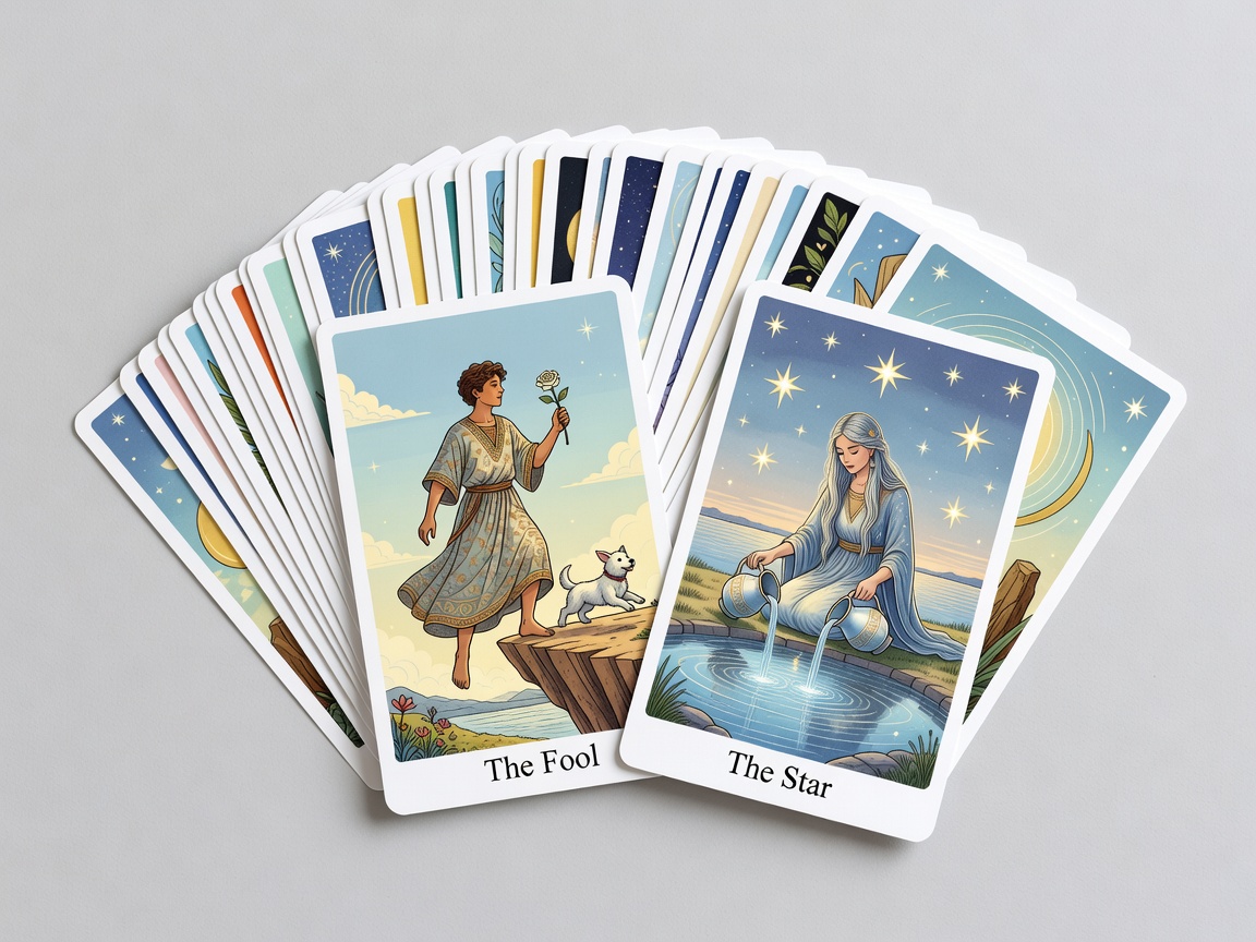 Fan of illustrated Major Arcana tarot cards including The Fool and The Star