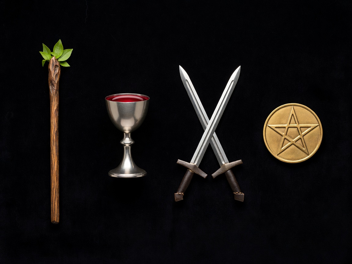 Four suit symbols representing Wands, Cups, Swords and Pentacles
