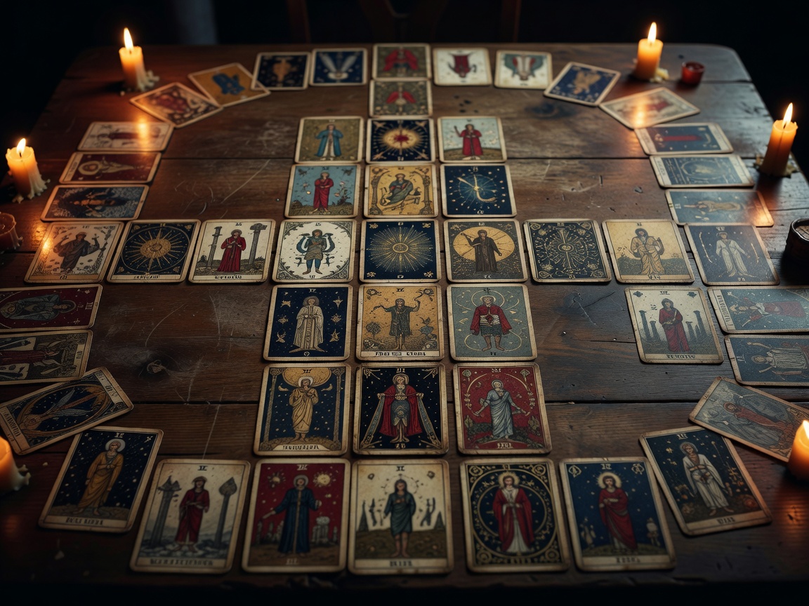 Grid layout of tarot cards arranged in a cross-shaped spread